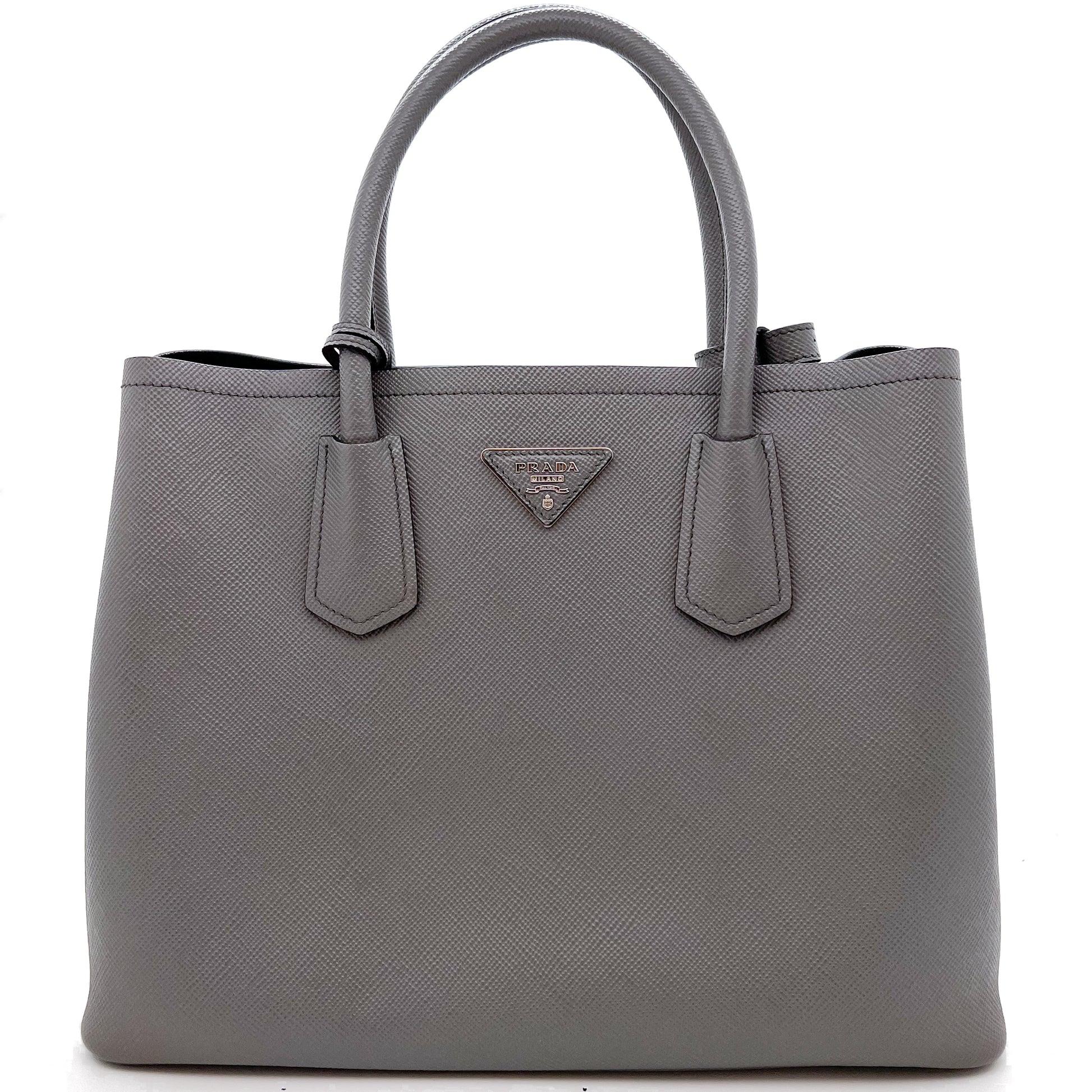 PRADA MEDIUM SAFFIANO LEATHER DOUBLE BAG GREY – Bagaholic Co