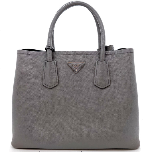 PRADA MEDIUM SAFFIANO LEATHER DOUBLE BAG - GREY