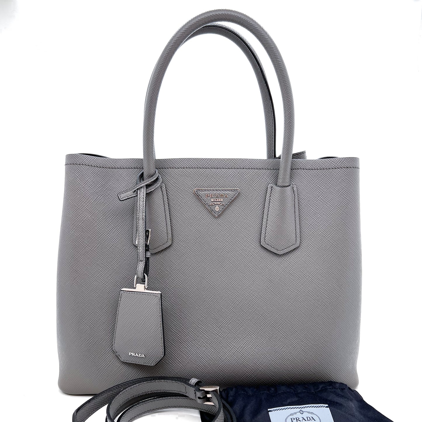 PRADA MEDIUM SAFFIANO LEATHER DOUBLE BAG - GREY