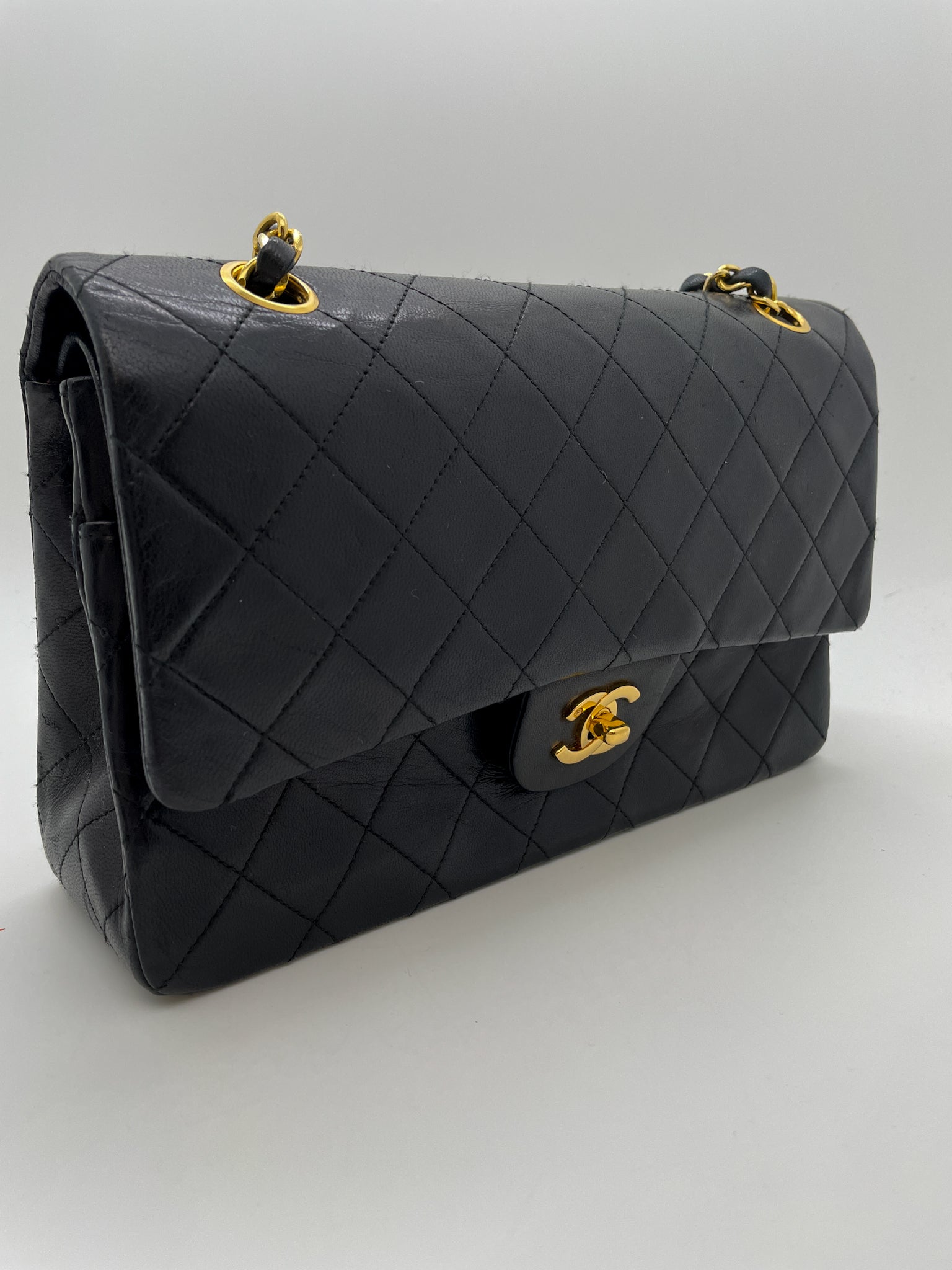 Black Quilted Lambskin Paris Double Flap Gold and Silver Hardware, 1986-1988