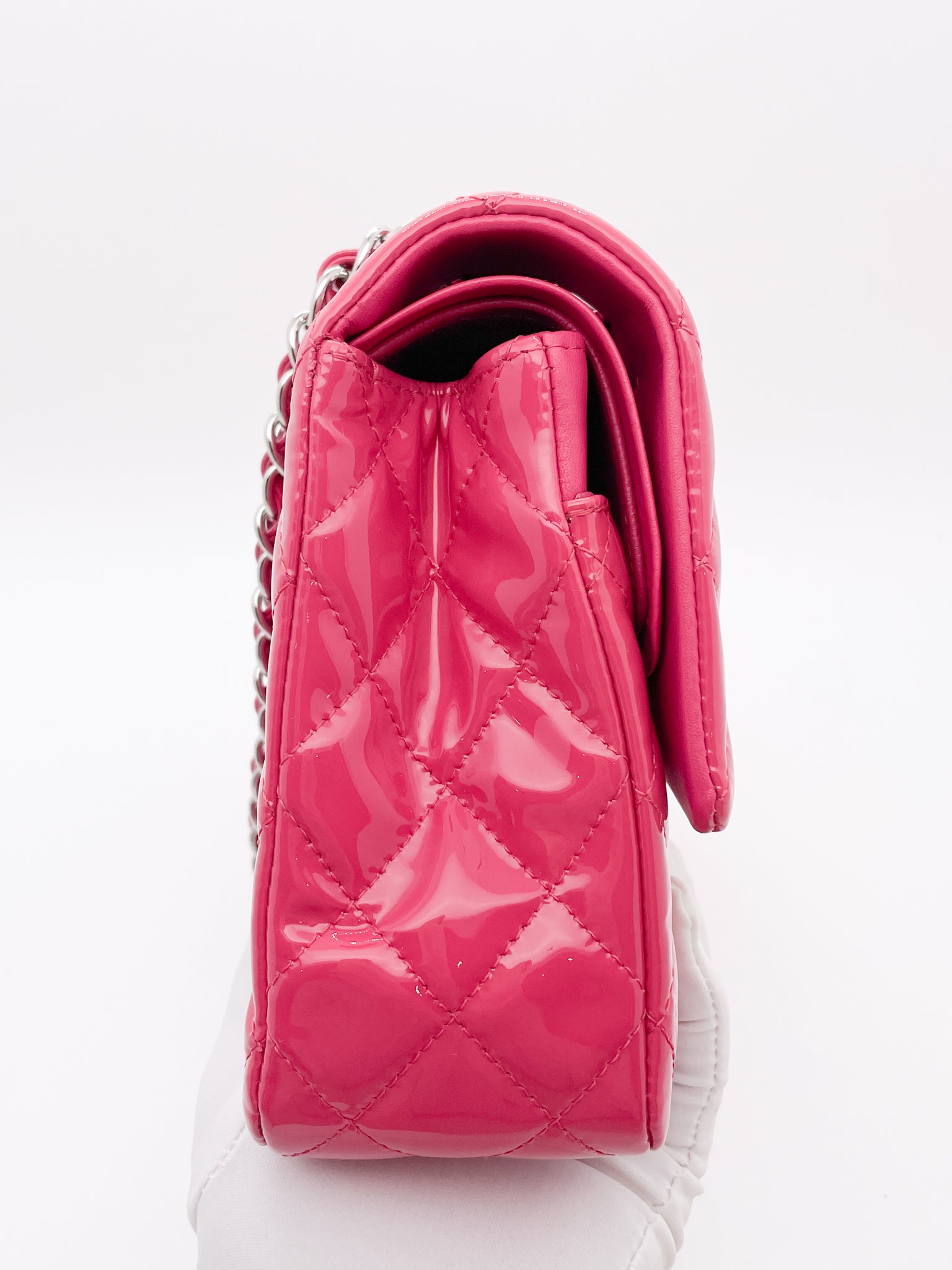 Chanel Pink Quilted Patent Leather Classic Jumbo Double Flap Bag